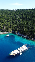 Fototapeta premium Aerial drone photo of picturesque and iconic port of Fiskardo with luxury boats docked and traditional character, Cefalonia island, Ionian, Greece