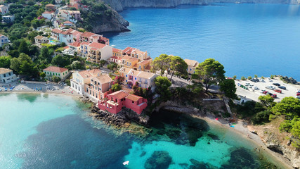 Aerial drone bird's eye view photo of beautiful and picturesque colorful traditional fishing village of Assos in island of Cefalonia, Ionian, Greece