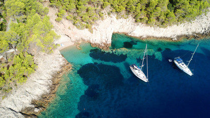 Aerial drone bird's eye view photo of beautiful and picturesque colorful traditional fishing village of Assos in island of Cefalonia, Ionian, Greece