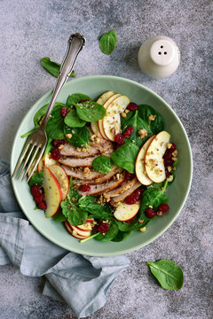 Spinach salad with grilled chicken breast, red apple, dried cranberry and walnuts. Top view with copy space.