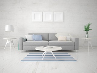 Mock up a compact living room with a stylish compact sofa and trendy hipster backdrop.