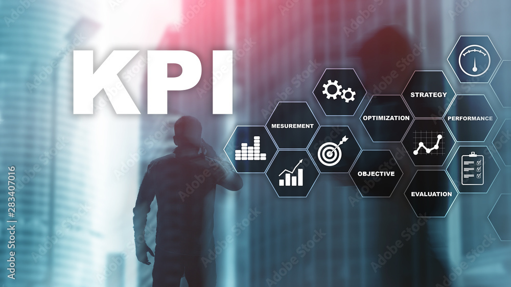 Poster kpi - key performance indicator. business and technology concept. multiple exposure, mixed media. fi