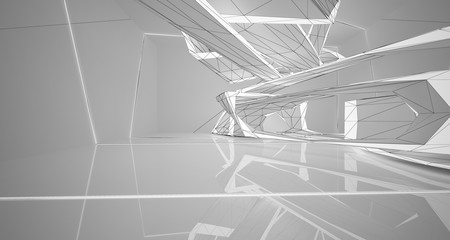 Abstract drawing white interior multilevel public space with window. 3D illustration and rendering.