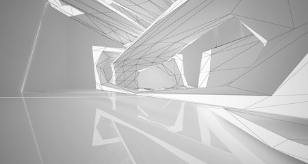 Abstract drawing white interior multilevel public space with window. 3D illustration and rendering.