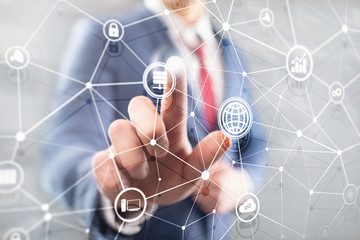 ICT - information and telecommunication technology and IOT - internet of things concepts. Diagrams with icons on server room backgrounds