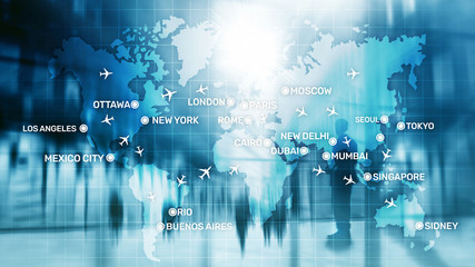 Global Aviation Abstract Background with planes and city names on a map. Business Travel...