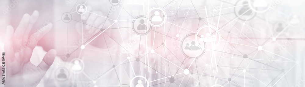 Poster background conceptual image with social connection lines on panoramic fone