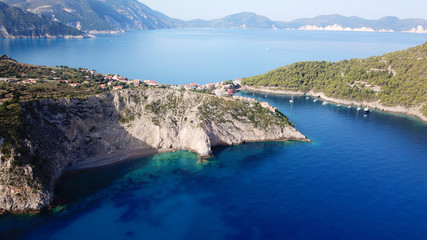 Fototapeta na wymiar Aerial drone bird's eye view photo of beautiful and picturesque colorful traditional fishing village of Assos in island of Cefalonia, Ionian, Greece