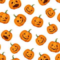 Vector seamless pattern with Jack-O-Lanterns (Halloween pumpkins) on a white background.