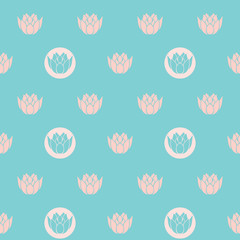 Vector Vintage Water Lilies in Circles on Turquoise seamless pattern background. Perfect for fabric, wallpaper and scrapbooking projects.