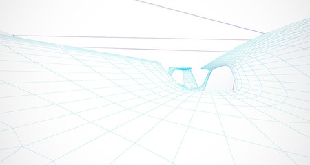 Drawing abstract architectural white interior of a minimalist house with large windows. 3D illustration and rendering.