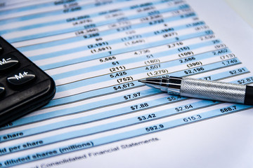 Balance sheet ,pencil, calculator on accountant's desk