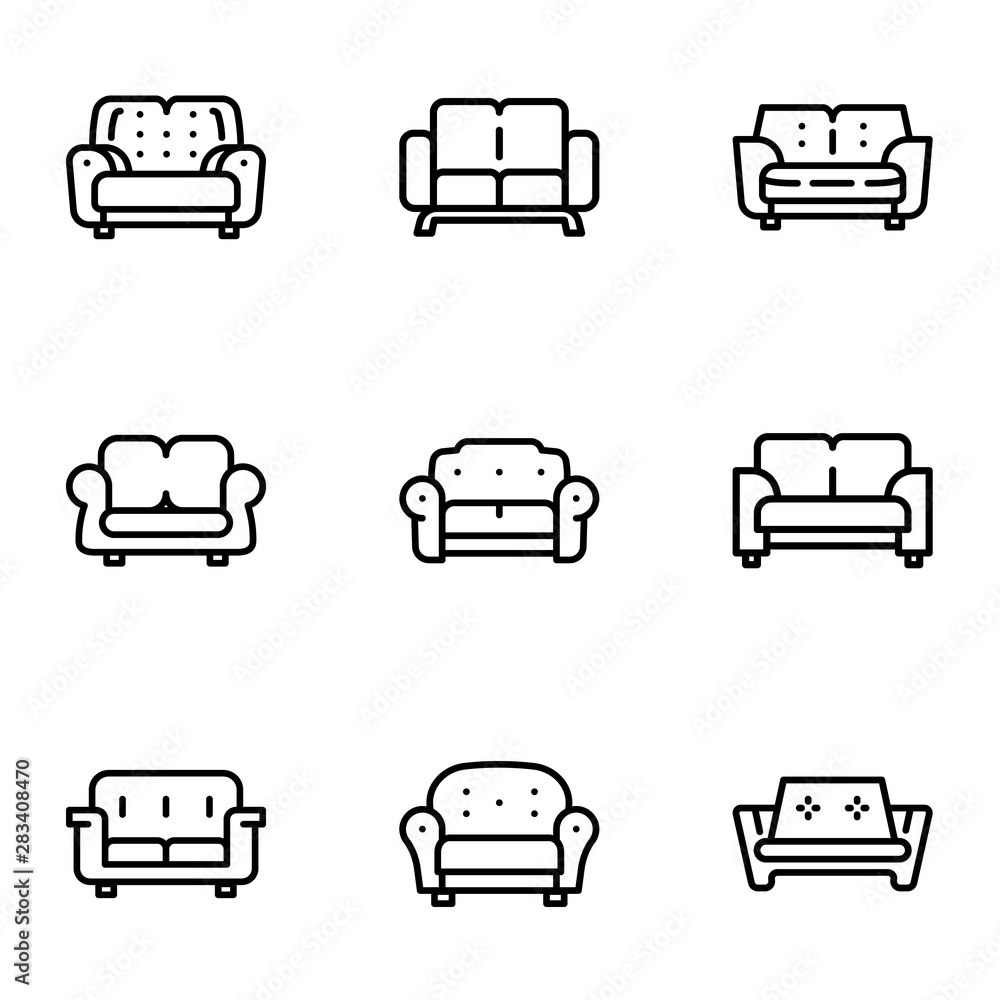 Poster home sofa icon set. outline set of 9 home sofa vector icons for web design isolated on white backgro