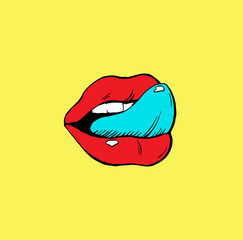 Red lips with tongue pop art  print design colorful isolated