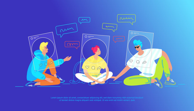 Casual friends talking in social media as profiles. Gradient vector illustration of three teenegers sitting on the floor chatting