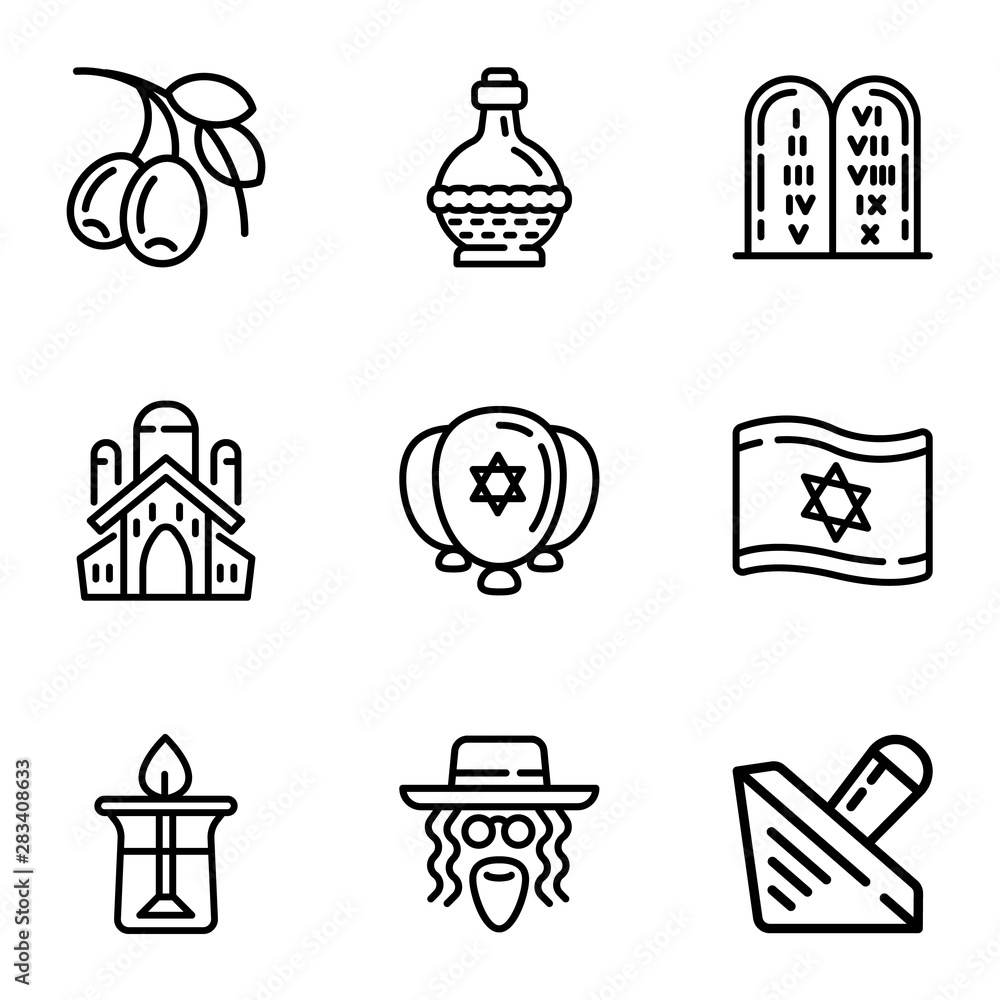 Poster jewish objects icon set. outline set of 9 jewish objects vector icons for web design isolated on whi