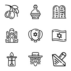 Jewish objects icon set. Outline set of 9 jewish objects vector icons for web design isolated on white background