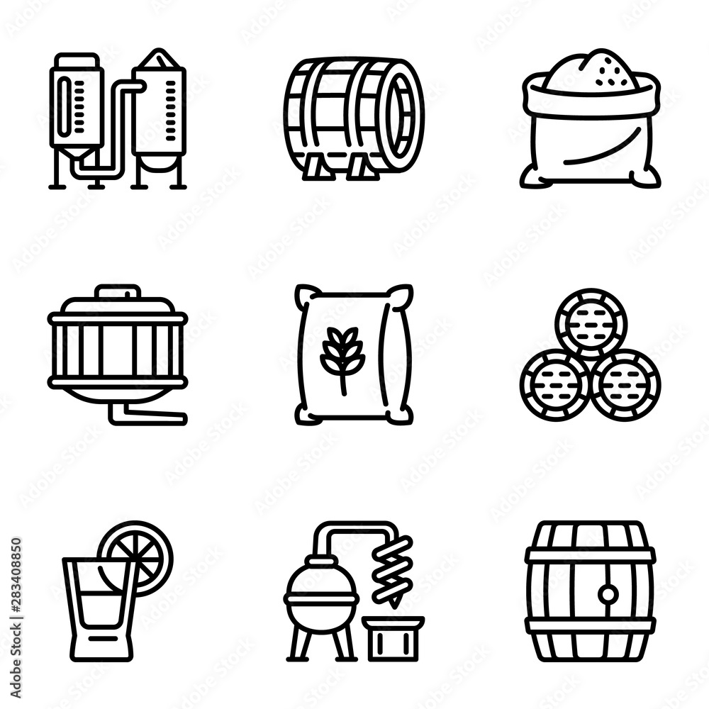 Poster whiskey preparation icon set. outline set of 9 whiskey preparation vector icons for web design isola