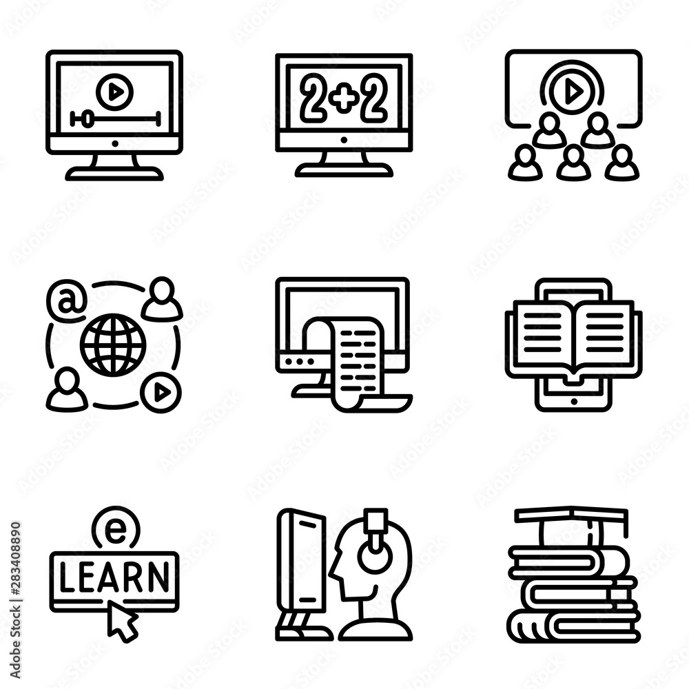 Poster online webinar icon set. outline set of 9 online webinar vector icons for web design isolated on whi