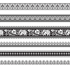 Seamless black and white borders with tribal style elephants and flowers. Thai, Indian, African symbol. Pattern brushes included in vector file.