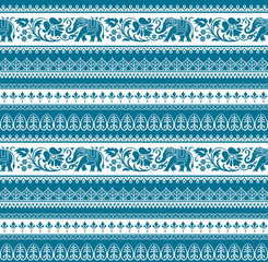 Seamless pattern with tribal style elephants and flowers. Thai, Indian, African symbol. Blue and white colors. Swatches included in vector file. 