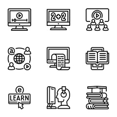 Online webinar icon set. Outline set of 9 online webinar vector icons for web design isolated on white background