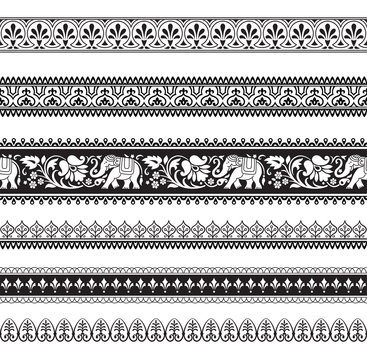 Seamless black and white borders with tribal style elephants and flowers. Thai, Indian, African symbol. Pattern brushes included in vector file.