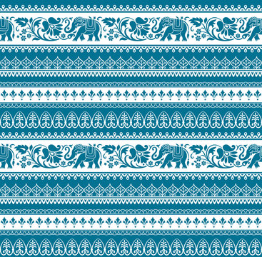 Seamless pattern with tribal style elephants and flowers. Thai, Indian, African symbol. Blue and white colors. Swatches included in vector file. 