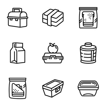 School lunch box icon set. Outline set of 9 school lunch box vector icons for web design isolated on white background