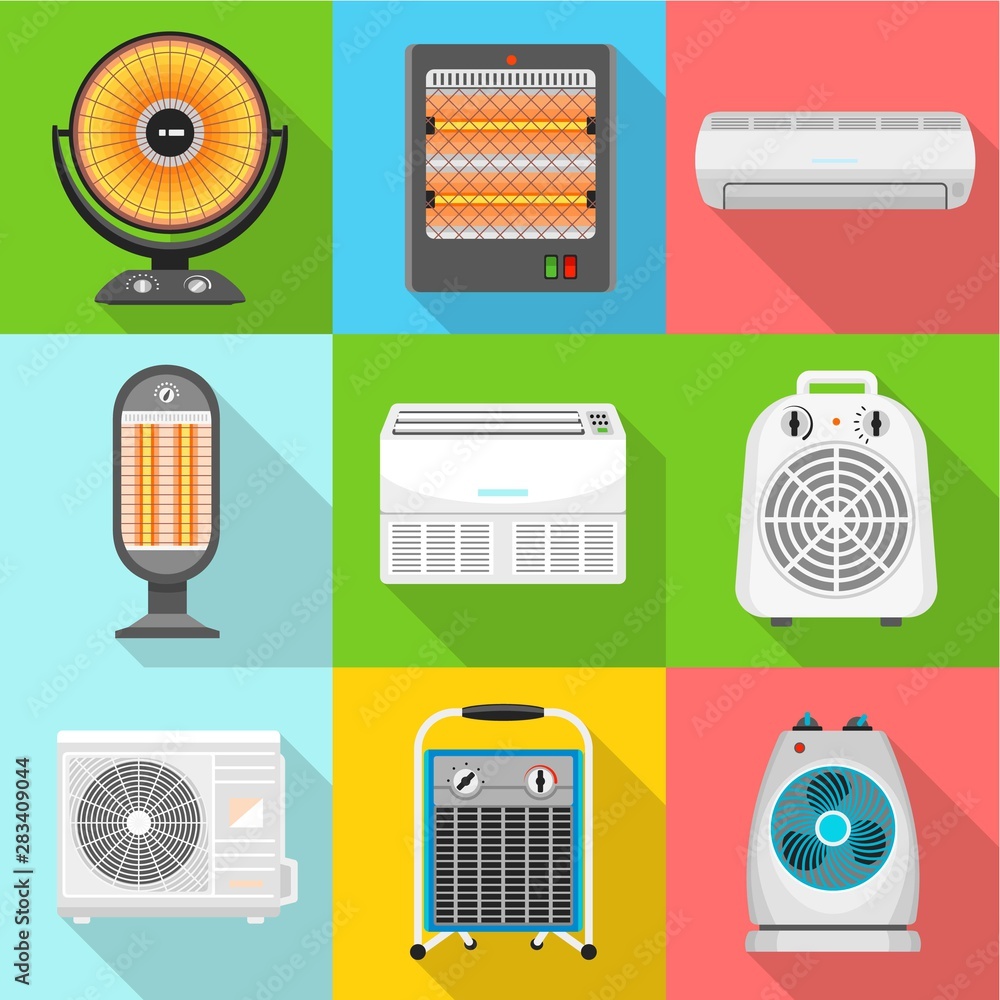 Poster warm heater icon set. flat set of 9 warm heater vector icons for web design isolated on white backgr