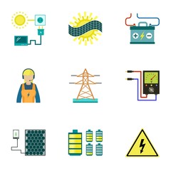 Electric power station icon set. Flat set of 9 electric power station vector icons for web design isolated on white background