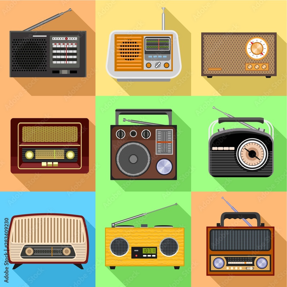 Poster retro radio icon set. flat set of 9 retro radio vector icons for web design isolated on white backgr