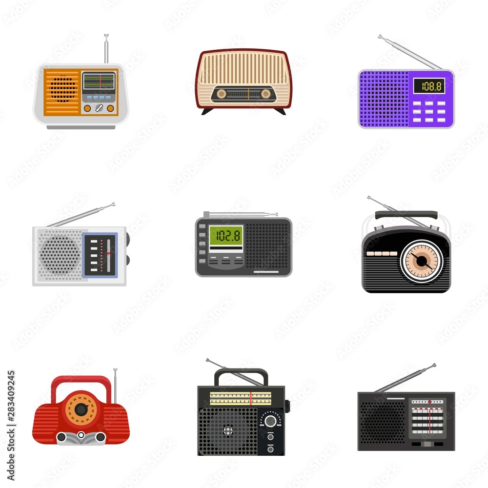 Poster radio tuner icon set. flat set of 9 radio tuner vector icons for web design isolated on white backgr