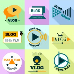 Play time vlog logo set. Flat set of 9 play time vlog vector logo for web design isolated on white background