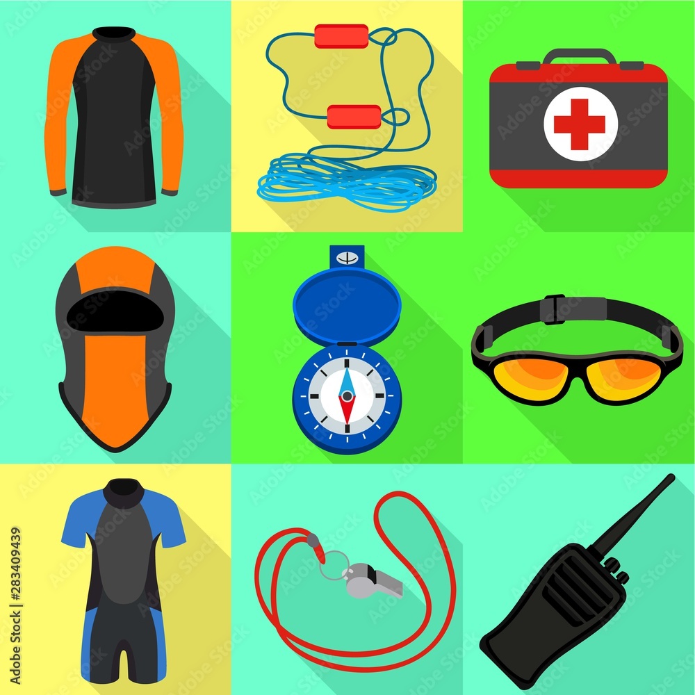 Poster canoeing tools icon set. flat set of 9 canoeing tools vector icons for web design isolated on white 