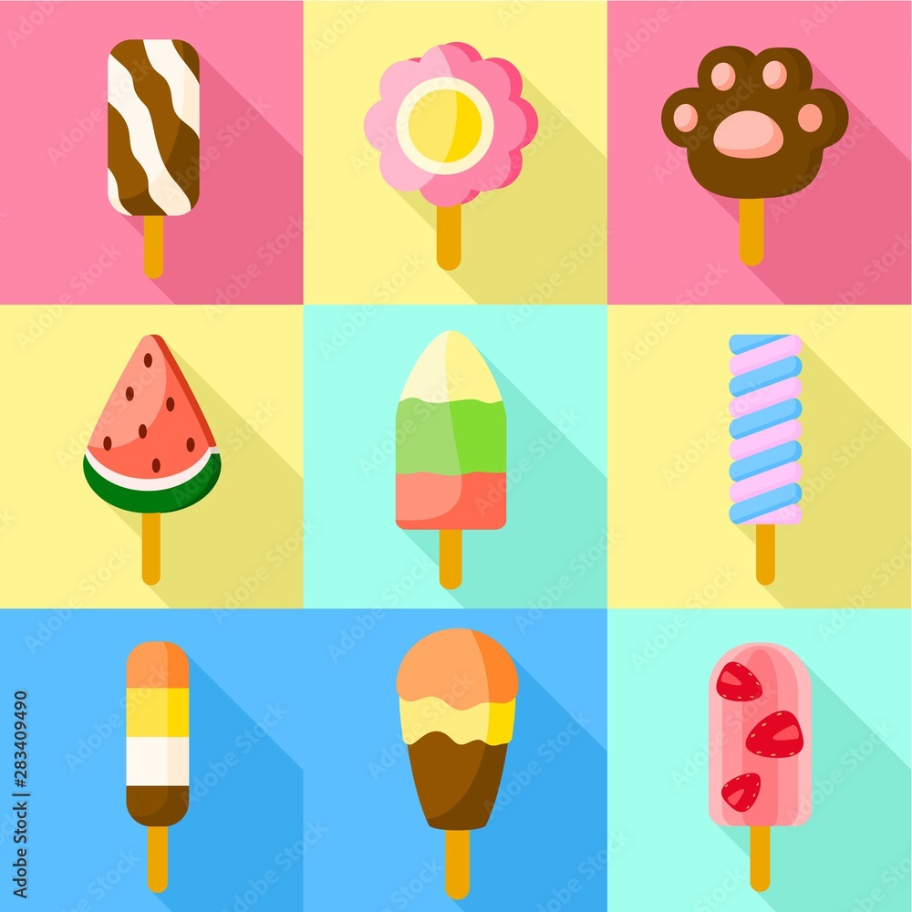 Poster fruit popsicle icon set. flat set of 9 fruit popsicle vector icons for web design isolated on white 