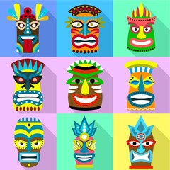 Bushmen mask icon set. Flat set of 9 bushmen mask vector icons for web design isolated on white background