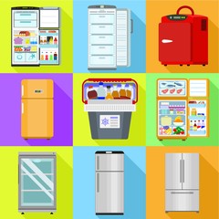 Commercial fridge icon set. Flat set of 9 commercial fridge vector icons for web design isolated on white background