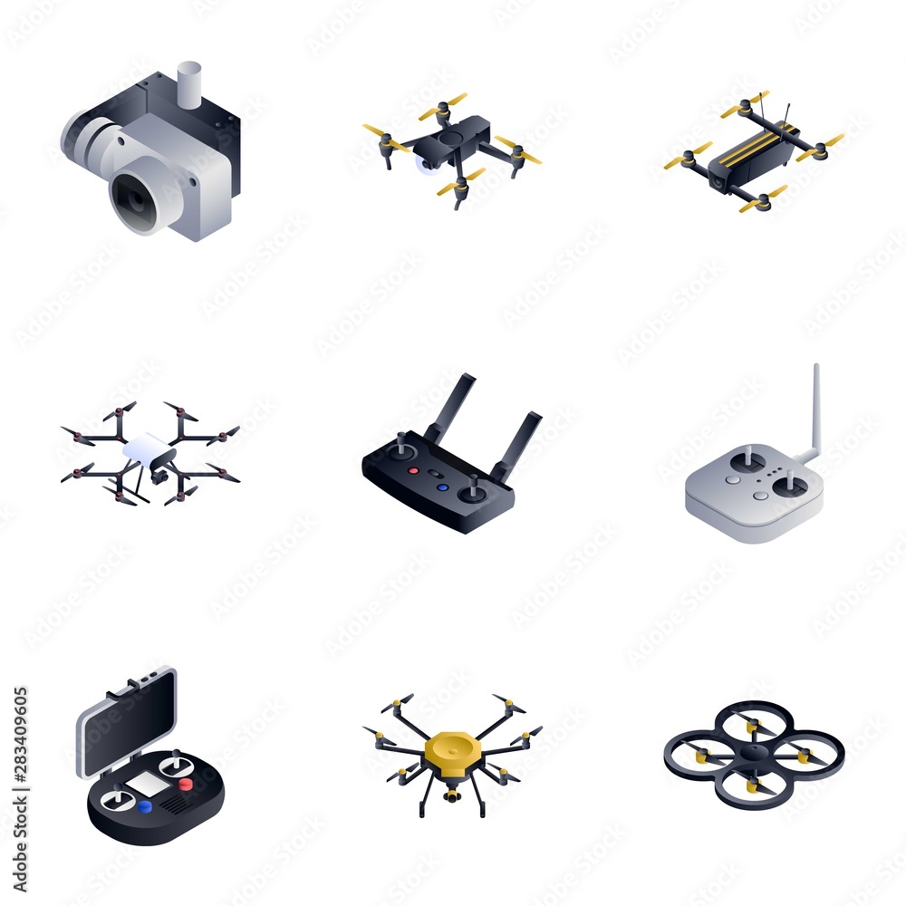Poster drone toy icon set. isometric set of 9 drone toy vector icons for web design isolated on white backg
