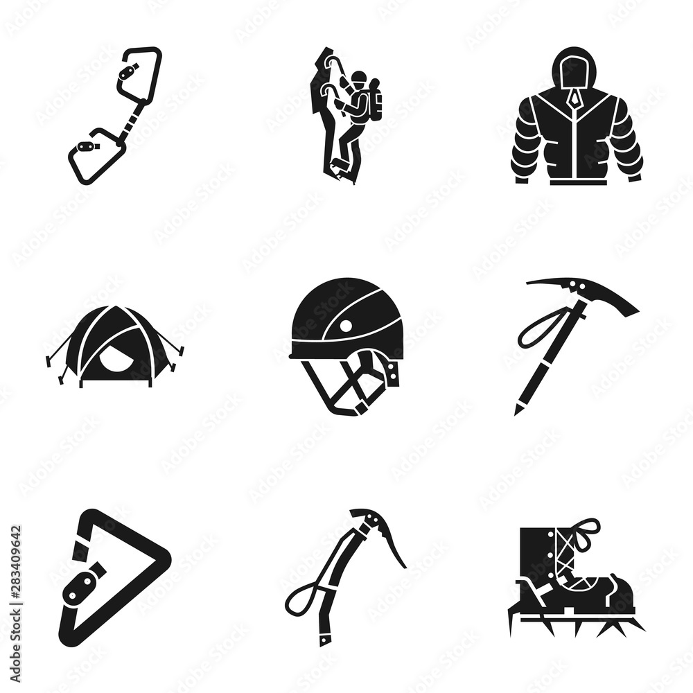 Poster climbing tools icon set. simple set of 9 climbing tools vector icons for web design isolated on whit