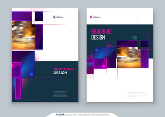 Purple Brochure Cover template layout design. Corporate business annual report, catalog, magazine, flyer mockup. Creative modern bright concept with square shapes