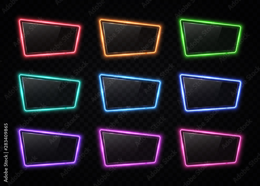 Poster colorful neon frame sign set on transparent background. halogen line border with glossy plastic plat