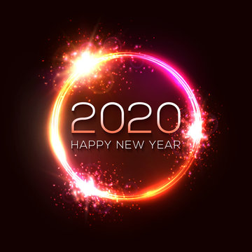 2020 Happy New Year neon light red background. Glowing electric circle with light explosion and celebrating text. New Year design template for seasonal flyer greeting card. Banner vector illustration.