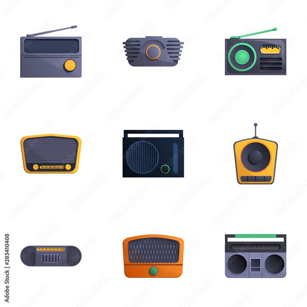 Poster broadcast radio icon set. cartoon set of 9 broadcast radio vector icons for web design isolated on w