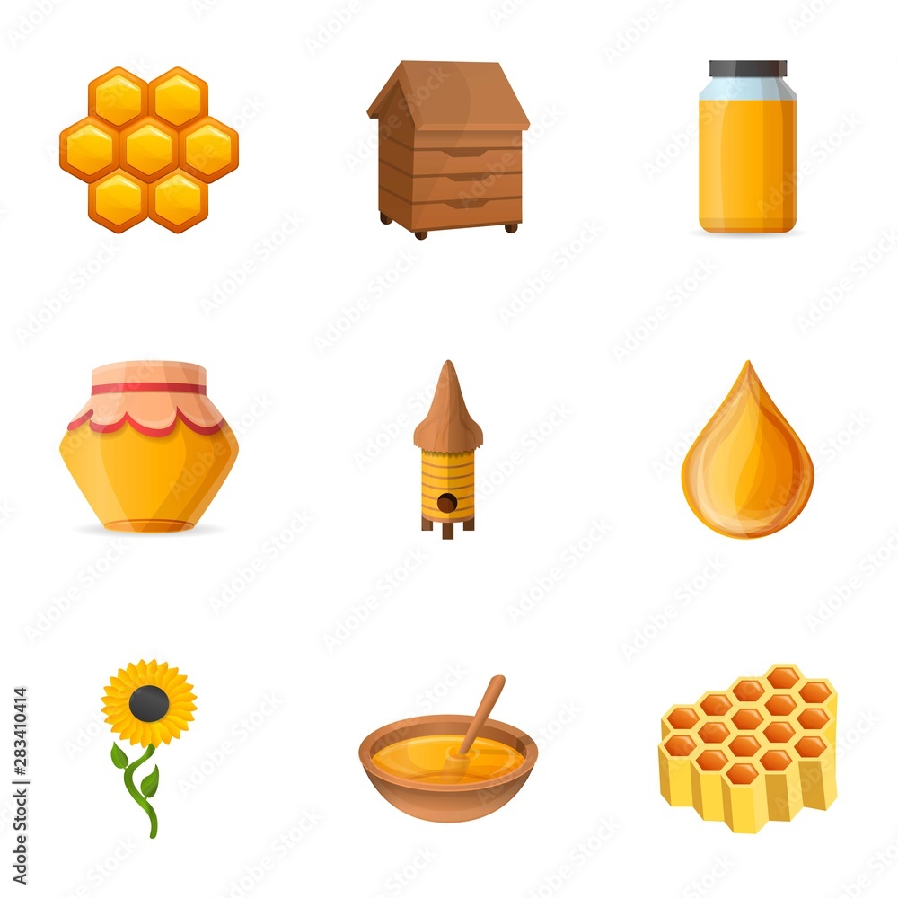 Poster apiary honey icon set. cartoon set of 9 apiary honey vector icons for web design isolated on white b