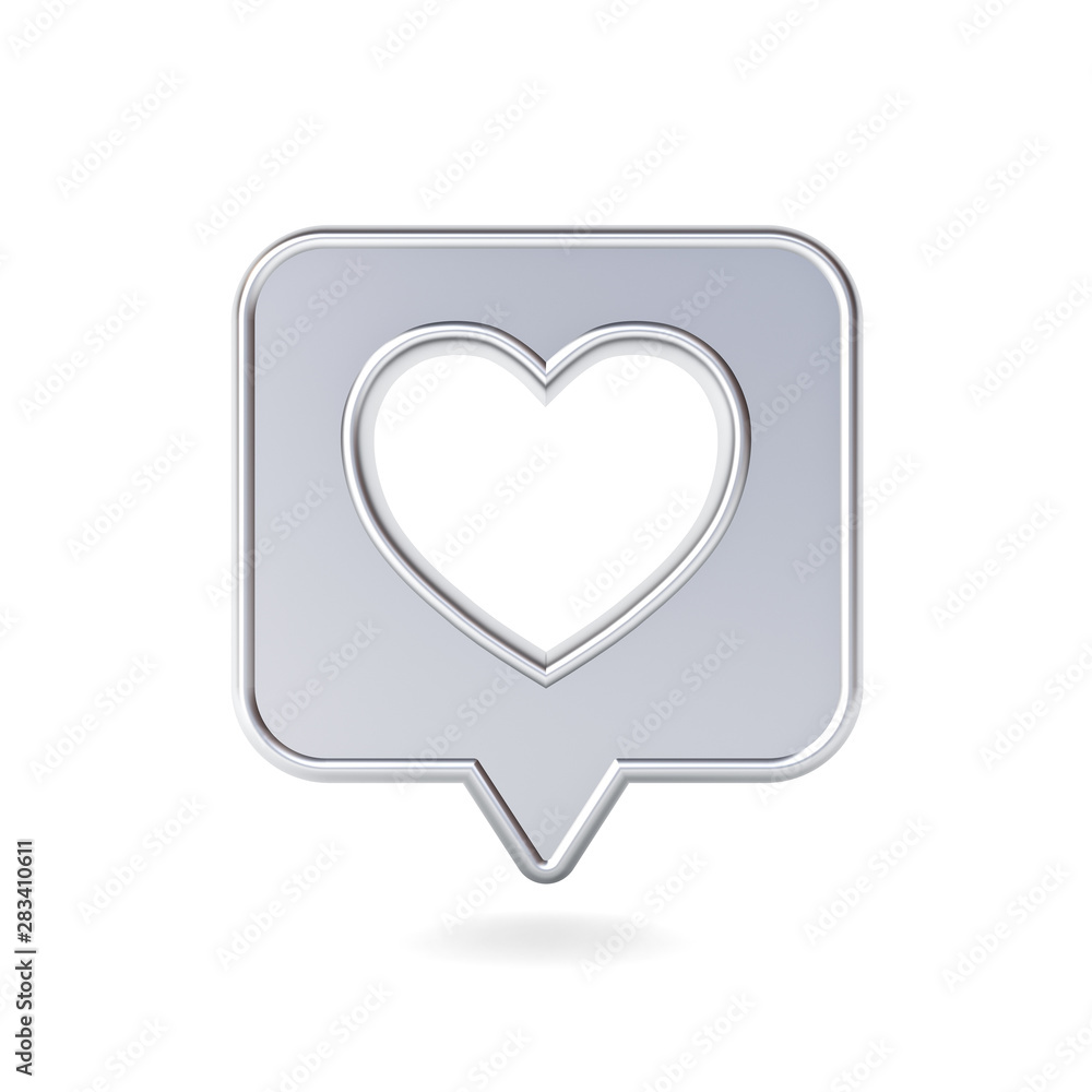 Poster 3d social media notification love like icon with hole heart shape on shiny metal speech bubble pin isolated on white background with shadow 3D rendering