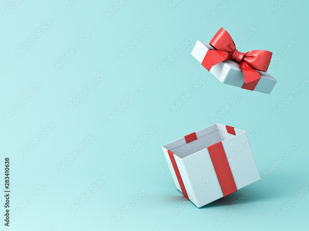 Leinwandbilder open gift box or present box with red ribbon and bow isolated on green blue pastel color background 