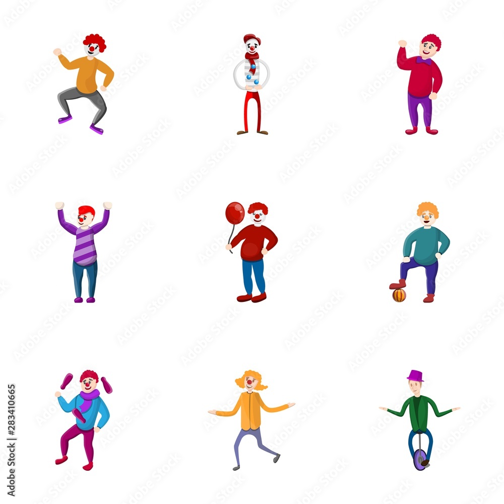 Poster circus arena clown icon set. cartoon set of 9 circus arena clown vector icons for web design isolate