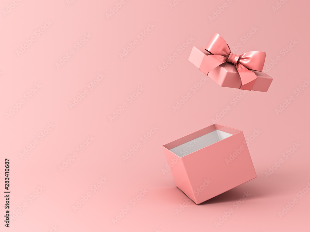 Poster blank open gift box or present box with pink ribbon bow isolated on pink pastel color background wit