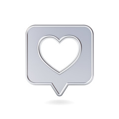 3d social media notification love like icon with hole heart shape on shiny metal speech bubble pin isolated on white background with shadow 3D rendering
